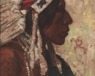 36
Harold Weaver
1889-1961, Los Angeles, CA
Native American Portrait
Oil on canvas board
With the artist's device right center
18" H x 14" W
Estimate: $700 - $900
