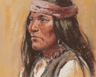 37
Joe Neil Beeler
1931-2006, Prescott, AZ
"Chato (Apache)"
Pastel on paper under glass
Signed lower right: Joe Beeler, and with the conjoined CA for the Cowboy Artists of America, signed again and titled on a card affixed to the backing paper
Sight: 17.5" H x 11.5" W
Estimate: $700 - $900