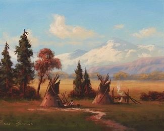 40
Heinie Hartwig
b. 1937, Santa Clara, CA
Indian Encampment
Oil on masonite
Signed lower left: Heinie Hartwig
10.25" H x 15.25" W
Estimate: $800 - $1,200