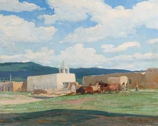 39
Oscar E. Berninghaus
1874-1952, Taos, NM
"A Street In Taos"
Oil on canvas laid to canvas
Signed and inscribed lower right: O.E. Berninghaus / "Taos", titled on the stretcher remnant
22.5" H x 28" W
Estimate: $60,000 - $80,000