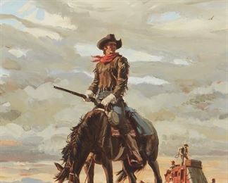 23
William George
b. 1930, American
Cowboy On Horseback With Stagecoach, 1979
Oil on masonite
Signed lower right: William George / 79, and with the copyright symbol, signed and dated again verso, and with the artist's reproduction rights stamp
16" H x 12" W
Estimate: $700 - $900