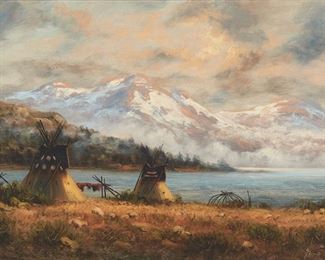 42
Heinie Hartwig
b. 1937, Santa Clara, CA
"Montana Lake"
Oil on masonite
Signed lower right: Heinie Hartwig, and with the copyright symbol, titled verso
9" H x 14" W
Estimate: $700 - $900