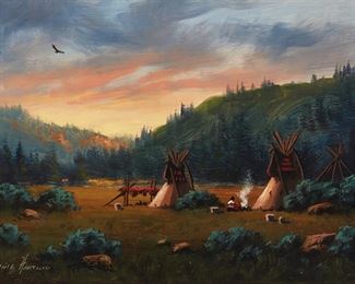 43
Heinie Hartwig
b. 1937, Santa Clara, CA
"Elk Meadow - Wyoming"
Oil on masonite
Signed lower left: Heinie Hartwig, titled verso
9" H x 12" W
Estimate: $1,000 - $1,500