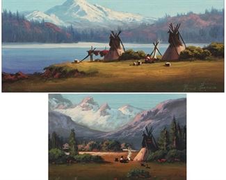 44
Heinie Hartwig (B. 1937, Santa Clara, CA)
Two works
"Flat Head Camp"
Oil on board
Signed lower right: Heinie Hartwig, titled on a gum label affixed to the backing paper
6" H x 12" W
Indian camp in a mountain meadow
Oil on masonite
Signed lower left: Heinie Hartwig
5" H x 7" W
Estimate: $600 - $800