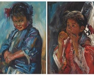 47
Filastro (Fil) Matthew Motolla (1915-2008, Laguna Niguel, CA)
Two works
"Maria"
Oil on masonite
12" H x 9" W
Signed lower left: Mottola, signed again and titled on a piece of tape affixed verso
"Young Dancer"
Oil on canvas
12" H x 9" W
Signed upper left: Mottola, signed again and titled on a piece of tape affixed to the stretcher
Estimate: $500 - $700