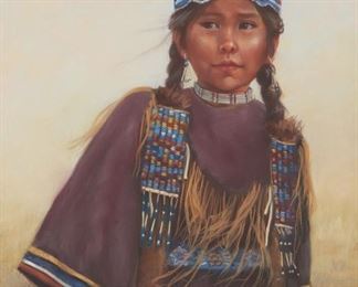 48
Carol Theroux
1930-2021, Los Angeles, CA
"Quilled Hair-Wraps," 1986
Pastel on paper under glass
Signed, dated and inscribed lower right: Carol Theroux / 86 / PSWC (for the Pastel Society of the West Coast) and with the copyright symbol, titled on the certificate of authenticity that accompanies this lot
21" H x 18" W
Estimate: $800 - $1,200