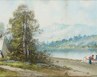 46
George Gibbs
1815-1873, American
Native American Figures And Teepees In A Landscape
Pastel on card under glass
Signed lower left: Gibbs
14" H x 31.5" W
Estimate: $2,000 - $3,000