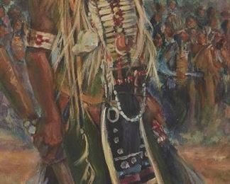 50
Carol Theroux
1930-2021, Los Angeles, CA
"Facing The Challenge"
Acrylic on canvas
Signed lower right: Carol Theroux, titled on an artist's label affixed to the frame verso, inscribed verso: Blood Blackfoot (Old Timer 1870-75)
30" H x 15" W
Estimate: $1,000 - $1,500