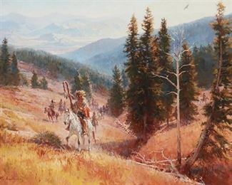 52
Roy H. Andersen
1930-2019, Kerrville, TX
"Land Of The Eagle," 1990
Oil on canvas
Signed lower left: Roy Andersen, and with the conjoined CA for the Cowboy Artists of America, titled and dated on a gallery label affixed to the backing paper
24" H x 36" W
Estimate: $7,000 - $9,000