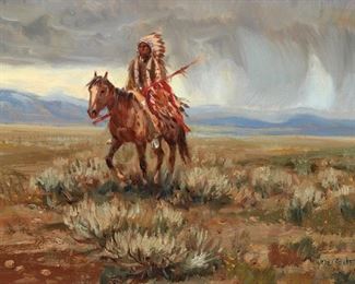 53
Joe Neil Beeler
1931-2006, Prescott, AZ
"In Old Wyoming"
Oil on canvas
Signed lower right: Joe Beeler, with the conjoined CA for the Cowboy Artists of America, and with the copyright symbol, titled on the stretcher
9" H x 12" W
Estimate: $1,000 - $1,500