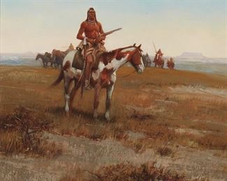55
William Steve Seltzer
b. 1955, American
Native American On Horseback
Oil on masonite
Signed lower left: W. S. Seltzer
11.5" H x 12.5" W
Estimate: $1,000 - $1,500