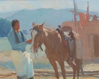 56
Oscar E. Berninghaus
1874-1952, Taos, NM
"Saddling Up"
Oil on canvas board
Signed lower left: O. E. Berninghaus, titled by gallery letter
9" H x 13" W
Estimate: $15,000 - $20,000