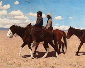 57
Gaspard De Latoix
1858-1918, English/American
"Two Indians On Horseback," 1890
Oil on canvas laid to waxed canvas
Initialed and dated lower right: G.L. 1890, titled on a gallery label affixed to the stretcher
26" H x 35.5" W
Estimate: $15,000 - $20,000