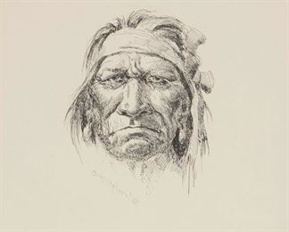 58
Olaf Wieghorst
1899-1988, El Cajon, CA
"Apache" Portrait Of A Male Native American
Ink on board under glass
Signed center: O. Wieghorst, with the artist's device, signed again and titled verso
Sight: 10" H x 8" W; Sheet: 12.5" H x 9.5" W
Estimate: $700 - $900