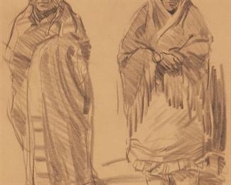 59
Ned Jacob
b. 1938, Denver, CO
"Pueblo Indians," 1961
Charcoal on paper under glass
Signed and dated in pencil lower left: Ned Jacob, titled on a gallery label affixed to the backing board
Sight: 16" H x 11.5" W
Estimate: $700 - $900
