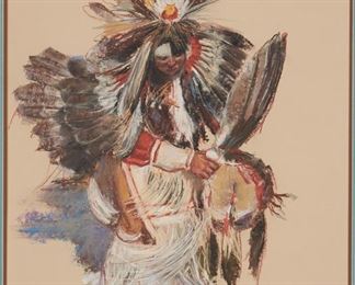 51
Carol Theroux
1930-2021, Los Angeles, CA
"Cheyenne Feathers," 2005
Pastel on paper under glass
Signed, dated, and inscribed lower right: Carol Theroux / 05 / PSA (for the Pastel Society of America), and with the copyright symbol, titled on the certificate of authenticity that accompanies this lot
Sight: 22.5" H x 16.5" W
Estimate: $800 - $1,200