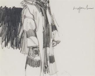 60
Ned Jacob
b. 1938, Denver, CO
"Blanket Clothes," 1976
Graphite on paper under glass
Signed upper right: Ned Jacob, titled and dated on the backing paper, and with the copyright symbol and the artist's reproduction rights stamp
Sight: 11.5" H x 8.5" W
Estimate: $200 - $300