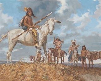 54
Ned Jacob
b. 1938, Denver, CO
"The Kiowas"
Oil on canvas
Signed lower left: Jacob, titled on a gallery receipt and the frame plaque
28" H x 44" W
Estimate: $2,000 - $3,000