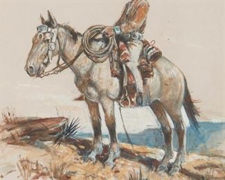 61
Nick Eggenhofer
1897-1985, Cody, WY
Native American On Horseback
Gouache on board under glass
Signed lower left: N. Eggenhofer
Sight: 14.5" H x 10" W
Estimate: $1,000 - $1,500