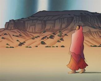 62
R.C. Gorman
1932-2005, Taos, NM
"Abiquiu Rainstorm"
Lithograph on paper under Plexiglas, Houston Fine Art Press, pub./prntr.
Edition 131/200, signed and dated in pencil lower left, numbered in pencil lower right, and with the publisher's blindstamp, and with the artist's blindstamp lower center
30" H x 39" W
Estimate: $800 - $1,200