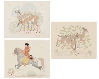 63
Harrison (Haskay Yahne Yah) Begay (1914-2012, American/Navajo)
Three works
Native woman on a horse
Color silkscreen on paper
11.25" H x 13.75" W
Signed in the screen lower right: Harrison Begay, and with the copyright symbol
Two running deer
Color silkscreen on paper
11" H x 12.75" W
Signed in the screen lower right: Harrison Begay, wetstamped for Tewa Enterprises, Santa Fe, New Mexico
Two standing deer
Color silkscreen on paper
10.25" H x 12.5" W
Signed in the screen lower right: Harrison Begay, and with the copyright symbol, wetstamped for Tewa Enterprises, Santa Fe, New Mexico
Estimate: $500 - $700