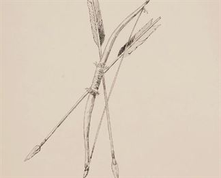 66
Frederic Sackrider Remington N.A.
1861-1909, New York, NY
"Buffalo Bow"
Pen and ink on card under glass
Signed, titled, numbered, and inscribed along the upper edge: Remington / No 105 / A Hiawatha, numbered verso: 5488A / IX 89
Sheet: 11" H x 8.75" W; Sight: 10.25" H x 7.5" W
Estimate: $1,000 - $1,500