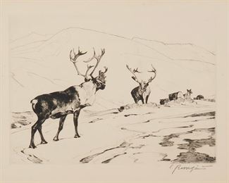 68
Carl Rungius
1869-1959, New York, NY
"The Stranger," 1926
Etching and drypoint on Van Gelder Zonen paper under glass
Signed in pencil lower right, titled and inscribed in pencil lower left under the matting: Ed 100 proof, and with the watermark for the papermaker Van Gelder Zonen, Holland, numbered in pencil lower right under the matting: OS 2002 32h
Sheet: 12.5" H x 17.5" W; Sight: 10" H x 12.75" W
Estimate: $1,000 - $1,500