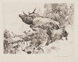 67
Carl Rungius
1869-1959, New York, NY
"The Stampede," 1925
Etching and drypoint on paper under glass
Signed in pencil lower right: C. Rungius, titled lower center under the mat
Plate: 6" H x 8.25" W; Sight: 7.5" H x 9.75" W
Estimate: $1,000 - $2,000