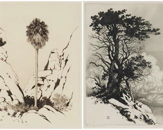 69
George Elbert Burr (1859-1939, Phoenix, AZ)
Two works
"Palm Canyon, California
Etching on paper under glass
Sight: 10.5" H x 8.5" W
Signed in pencil lower left: George Elbert Burr, and with the artist's device in the plate, titled on a gallery label affixed to the backing board
"Coast at Monterey"
Etching and Aquatint on paper under glass
Sight: 10.5" H x 8.25" W
Signed in pencil lower left: George Elbert Burr, titled in pencil lower right, and with the artist's device in the plate
Estimate: $600 - $800