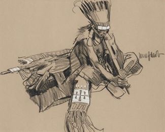 70
Ned Jacob
b. 1938, Denver, CO
"Smoking The War Pipe"
Charcoal on paper under glass
Signed right center: Ned Jacob, titled on a exhibition label affixed to the backing paper
Sight: 18" H x 24.5" W
Estimate: $1,000 - $1,500