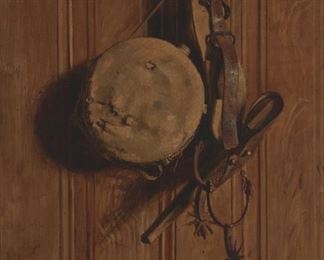 71
John Bond Francisco
1863-1931, Los Angeles, CA
Still Life With Canteen, Spurs, And A Six Shooter
Oil on canvas
Signed lower right: J. Bond Francisco
34" H x 24" W
Estimate: $2,000 - $3,000