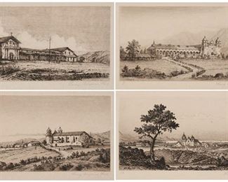 65
Henry Chapman Ford
1828-1894, Santa Barbara, CA
Portfolio "Etchings Of The Franciscan Missions Of California," 1883
24 matted drypoint etchings on Japan paper in a leather bound portfolio case with 28-page "Outlines of History, Description, etc." on stitched Antique paper, The Studio Press, New York, 1883, pub.
Each of the 24 etchings signed and named in the plate: H.C. Ford / 83, signed in pencil lower right, numbered in pencil lower left
Each sheet: 14.25" H x 18" W; Each mat: 16" H x 22" W
Estimate: $20,000 - $30,000