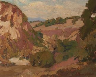 73
Franz A. Bischoff
1864-1929, Pasadena, CA
"Arroyo"
Oil on card
Signed lower right: Franz A. Bischoff, titled on an exhibition label affixed to the backing board
11" H x 14" W
Estimate: $2,000 - $3,000