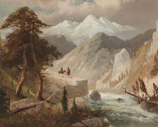 72
Frederick Schafer
1839-1927, Oakland, CA
Native Americans On Horseback In A Mountain Landscape
Oil on canvas laid to canvas
Signed lower left: F. Schafer
28.75" H x 40.25" W
Estimate: $7,000 - $9,000