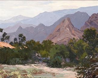 77
Carol Swinney
21st Century, Wyoming
"Palm Desert, CA," 2001
Oil on canvas
Signed lower right: Swinney, and with the copyright symbol, signed again verso, signed again, titled, and numbered on the stretcher: 00403
8" H x 16" W
Estimate: $500 - $700