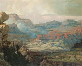 74
Ralph Davison Miller
1858-1945, Los Angeles, CA
"Grand Canyon," 1905
Oil on canvas laid to waxed canvas
Signed and dated lower left: Ralph Davison Miller, titled and dated again on a gum label affixed to the backing board.
24.5" H x 40.25" W
Estimate: $1,500 - $2,500