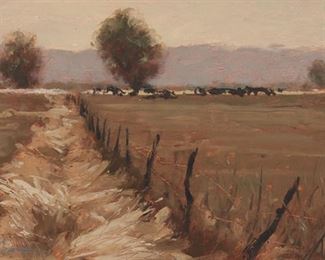 79
Steven Adams
b. 1962, Utah
"Fenceline," 2000
Oil on masonite
Signed lower left: Steve Adams, signed again, titled and dated verso: 2000, 8-14
8" H x 14" W
Estimate: $400 - $600