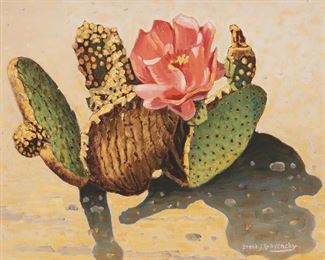 81
Frank J. Gavencky
1888-1966, Ramona, CA
"Small Blooming Prickly Pear"
Oil on masonite
Signed lower right: Frank J. Gavencky, titled verso
16" H x 20" W
Estimate: $600 - $900