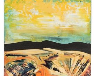 83
Dan Namingha
b. 1950, Hopi-Tewa
"Desert Arroyo," 1998
Acrylic on canvas
Signed lower left: Namingha, signed again, titled and dated verso, and with the copyright symbol
14" H x 14" W
Estimate: $1,200 - $1,800