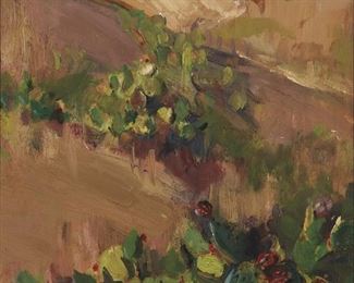 82
Meta Gehring Cressey
1882-1964, Los Angeles, CA
Cactus Landscape
Oil on panel
Signed lower left: Meta Cressey, signed again verso
19" H x 11.75" W
Estimate: $600 - $800