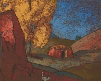 86
William Penhallow Henderson
1877-1943, Tesuque, NM
"Landscape With Rooster, Taos," 1917
Pastel on deep brown colored paper under glass
Initialed lower right: W.P.H, possibly titled in left rock: Red D***,
Titled and dated on a gallery label affixed to the backing board
Sight: 7" H x 9.75" W
Estimate: $3,000 - $5,000