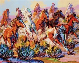 87
Larry Pirnie
b. 1940, American
"Morning Workout," 2000
Acrylic on canvas
Signed lower left: Pirnie, signed again, titled, dated, and numbered verso: ACC00-16, and with the copyright symbol
36" H x 48" W
Estimate: $3,000 - $5,000