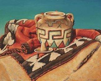 85
Frank J. Gavencky
1888-1966, Ramona, CA
"Indian Pot," Circa 1950
Oil on masonite
Signed lower right: Frank J. Gavencky, titled and dated on a gallery label affixed verso
24" H x 30" W
Estimate: $1,000 - $1,500