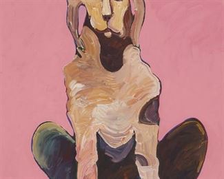 88
Thom Ross
b. 1953, American
"Annie Oakley's Dog," 1997
Acrylic on board under glass
Signed upper left: Ross, titled and dated on a gum label affixed to the backing paper
Sight: 23.75" H x 15" W
Estimate: $800 - $1,200