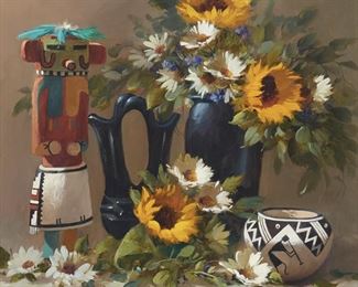 84
Joni Falk
b. 1933, Phoenix, AZ
"Pueblo Treasures"
Oil on board
Signed lower right: Joni Falk AWA, titled on the frame plaque
10" H x 10" W
Estimate: $2,000 - $3,000