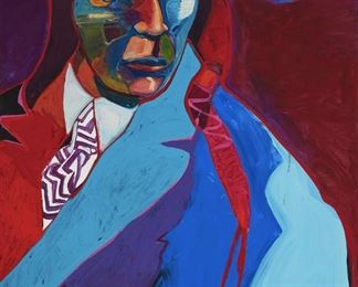 89
Malcom Furlow
b. 1946, American
"Armani Indian"
Oil and acrylic on canvas
Edition 46/50, signed lower right: Furlow, signed again, titled, and numbered verso, and with the copyright symbol
58" H x 46" W
Estimate: $2,000 - $3,000