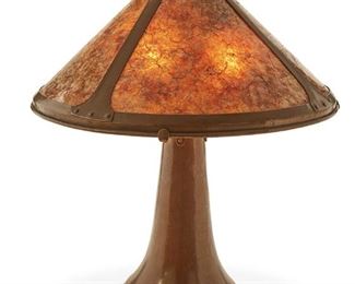 92
A Dirk Van Erp Hammered Copper Table Lamp
Circa 1915-1977; San Francisco, California
Signed: Dirk van Erp / San Francisco [open-box mark]
The Arts and Crafts table lamp with a conical hammered copper shade with four mica panels on a two-light hammered copper base with a flared body and four arms, electrified
19" H x 16.25" Dia.
Estimate: $2,500 - $3,500