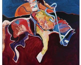 90
Malcom Furlow
b. 1946, American
"Rodeo At Ojo"
Acrylic on canvas
Signed lower right: Furlow, signed again and titled verso, and with the copyright symbol
58" H x 46" W
Estimate: $2,000 - $3,000