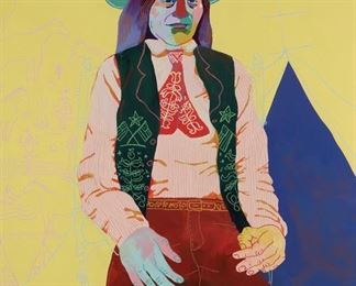 91
John Holcomb
20th Century, American
"Sitting Chief 1900," 2017
Acrylic, spray paint, and oil pastel on canvas
Signed and dated on the stretcher: John Holcomb / 3-2017, and with the artist's conjoined JH device, titled on an artist's label affixed to the stretcher
68" H x 48" W
Estimate: $1,000 - $2,000