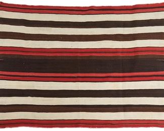 94
A Late-Classic First Phase Navajo Wearing Blanket
Circa 1870
Woven of churro wool in red, cream and dark brown horizontal stripes
51.5" L x 61" W
Estimate: $12,000 - $18,000